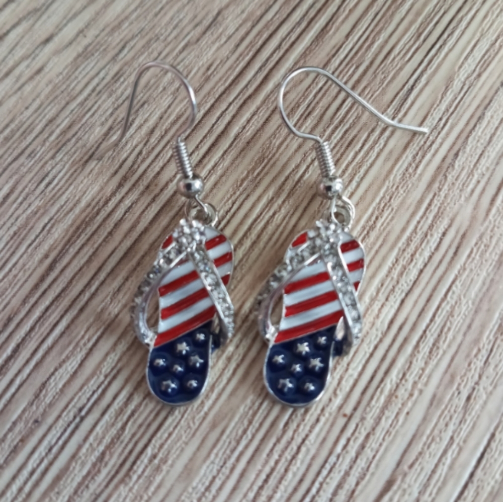 Hand crafted American Flag patriotic rhinestone flip flop statement earrings